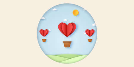 Valentines day, Illustration of love, red heart hot air balloons flying in the blue sky, paper art styleのイラスト素材