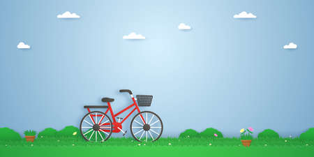 bicycle in the garden, plant pots and beautiful flowers on grass, paper art styleのイラスト素材