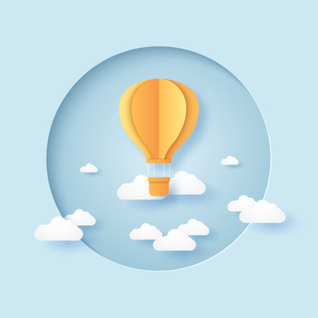 bright folded hot air balloon flying in the blue sky in circular frame, paper art styleのイラスト素材