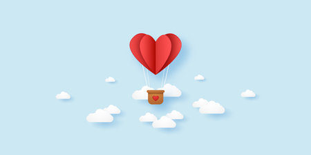 Valentines day, Illustration of love, red folded heart hot air balloon flying in the sky, paper art styleのイラスト素材