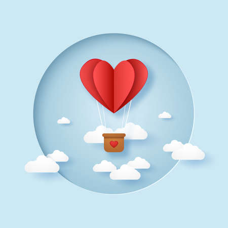 Valentines day, Illustration of love, red folded heart hot air balloon flying in the sky in circular frame, paper art styleのイラスト素材