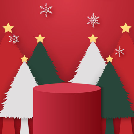 Red cylinder podium with christmas trees and snowflakes falling, template mockup for event in paper artのイラスト素材