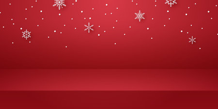 Red empty studio room with snow falling for product background and template mockup for Christmas dayのイラスト素材
