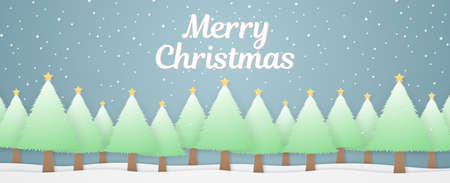 Merry Christmas, winter landscape with christmas trees on snow and snowfall in paper art styleのイラスト素材