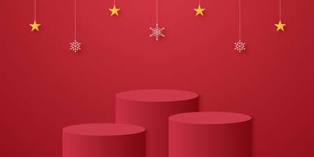 Red cylinder podium with snowflakes and star hanging and template mock up for Christmas eventのイラスト素材