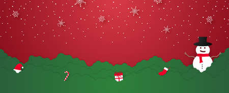 Merry christmas, welcome snowman with stuff and snowfall in paper art styleのイラスト素材