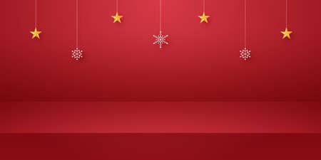 Red empty studio room for product background with snowflake and star hanging, template mockup for Christmas dayのイラスト素材