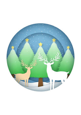 Merry Christmas Card with winter landscape and snowfall on christmas trees and reindeer in circular frameのイラスト素材