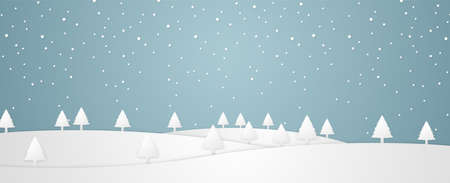 Christmas time, winter landscape with trees on hill and snowfall in paper art styleのイラスト素材