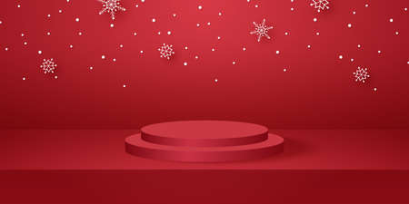 Red round podium with empty studio room for product background and snowfall, template mockup for Christmas dayのイラスト素材