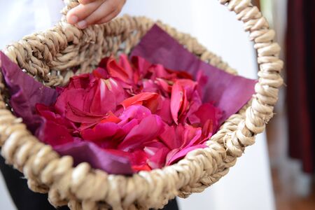 Basket with petalsの写真素材