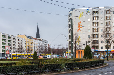 Berlin, Germany- December 12, 2018: square Bersarinplatz in Friedrichshain on a cloudy winter dayのeditorial素材