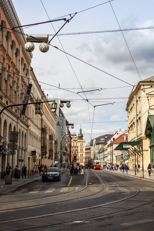 Prague, Czech Republic - September 22, 2018: tram tracks on the old street of Prague, cloudy day in autumnのeditorial素材