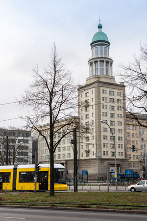 Berlin, Germany- December 12, 2018: view of the intersection Frankfurter Allee and Petersburger Str. in the Friedrichshain on a cloudy winter dayのeditorial素材
