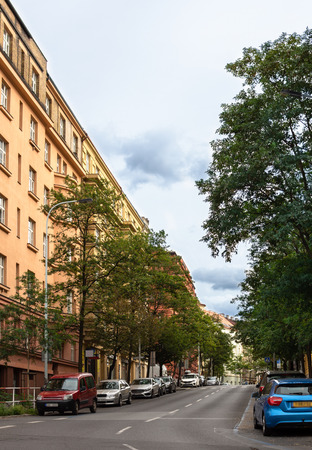 Quiet street with cars in Prague rainy autumnの写真素材