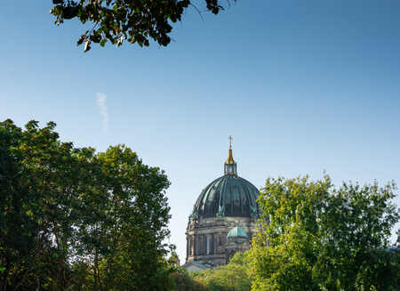 Dome of Berliner Dom in Berlin, View of the Cathedral from the Neptune Fountain, Germanyの写真素材
