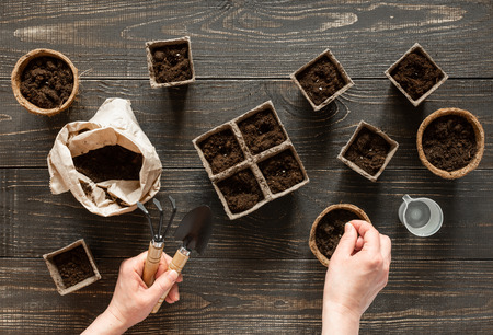 Woman plants seedlings in the eco friendly pots , pots on wooden background, small bag with ground and garden trowel and rakesの写真素材