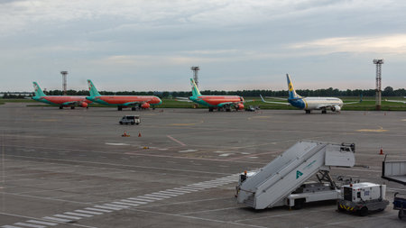 Boryspil, Ukraine - May 22, 2019: runway with airplanes and airport equipment at Borispol airport, airplanes in front of the terminalのeditorial素材