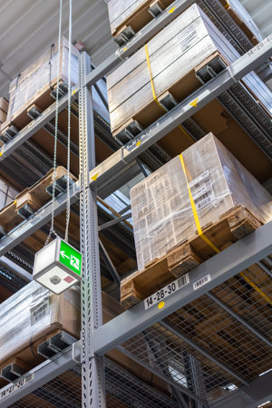 Berlin, Germany- May 24, 2019: long rows of shelves with goods in the warehouse of the store Ikeaのeditorial素材