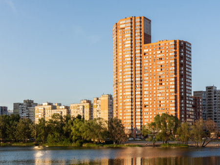 Kiev, Ukraine - May 19, 2019: Sonyachne lake in the city of Kiev in the neighborhood Poznyaki on a quiet Sunday eveningのeditorial素材