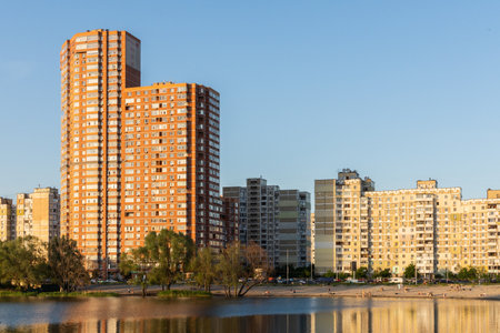 Kiev, Ukraine - May 19, 2019: Sonyachne lake in the city of Kiev in the neighborhood Poznyaki on a quiet Sunday eveningのeditorial素材