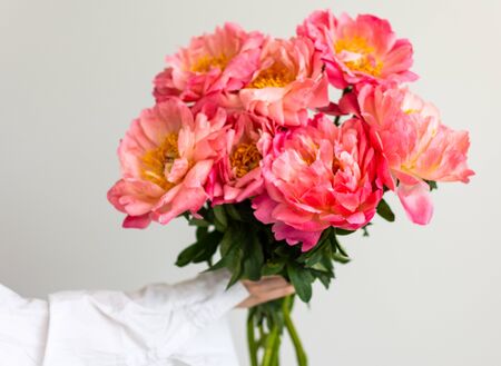 Bouquet of pink peonies in the hand of the girl on the background of a white wall close-upの写真素材