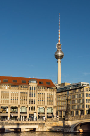 Berlin, Germany- September 18, 2018: view of the Television Tower and the bridge over the Spreeのeditorial素材
