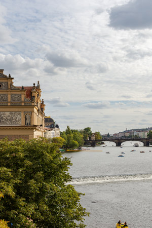 Prague, Czech Republic - September 22, 2018: Panorama of the Lesser town and Vltava river and Legion Bridge from the Charles Bridgeのeditorial素材