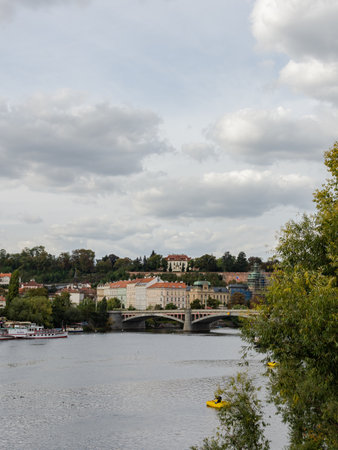 Prague, Czech Republic - September 22, 2018: Panorama of the Lesser town and Vltava river from the Charles Bridgeのeditorial素材