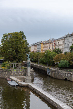 Prague, Czech Republic - September 22, 2018: Panorama of the Vltava river and Canal Lock in Smichov from the Legion Bridgeのeditorial素材