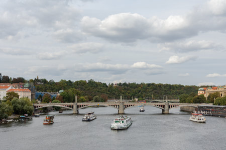 Prague, Czech Republic - September 22, 2018: Panorama of the Lesser town and Vltava river and Manes Bridge from the Charles Bridgeのeditorial素材
