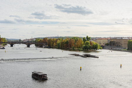 Prague, Czech Republic - September 22, 2018: Panorama of the Lesser town and Vltava river and Legion Bridge from the Charles Bridgeのeditorial素材