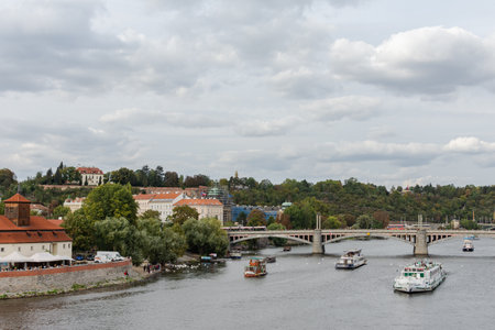 Prague, Czech Republic - September 22, 2018: Panorama of the Lesser town and Vltava river and Manes Bridge from the Charles Bridgeのeditorial素材