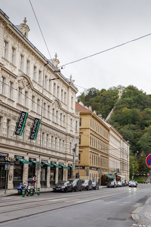 Prague, Czech Republic - September 22, 2018: quiet cozy autumn old street of Pragueのeditorial素材