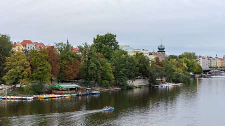 Prague, Czech Republic - September 22, 2018: Panorama of the Old town, Vltava river from the Legion Bridgeのeditorial素材