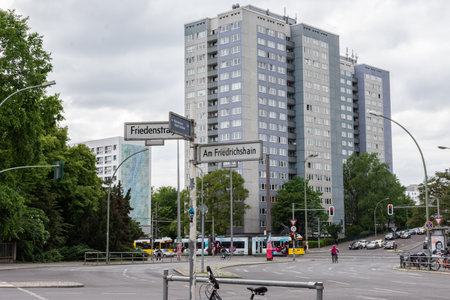 Berlin, Germany-May 25, 2019: street junction Am Friedrichshain and Friedenstrabe near the park Volkspark Friedrichshainのeditorial素材
