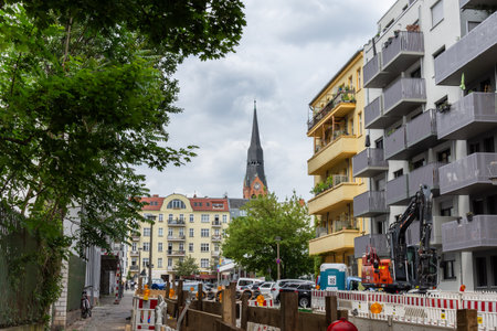Berlin, Germany-May 26, 2019: Repair work on Eckertstrabe in the Friedrichshain district of Berlinのeditorial素材