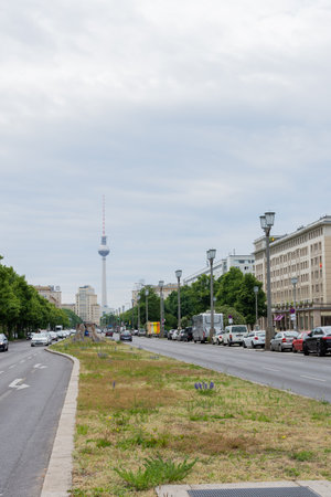 Berlin, Germany-May 26, 2019: Walking through the street Karl-Marx-Allee of Berlin in the Friedrichshain districtのeditorial素材