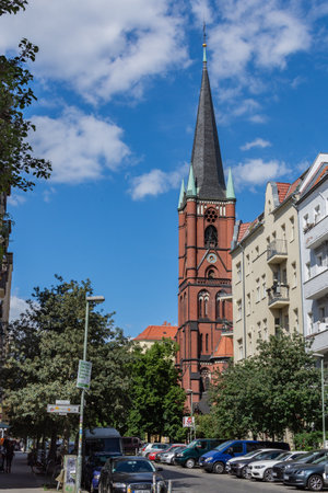 Berlin, Germany-May 29, 2019: Walking through the streets in the Friedrichshain district, Samariterkircheのeditorial素材