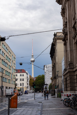 Berlin, Germany- September 28, 2019: view of the television tower on a rainy day in the Mitte districtのeditorial素材