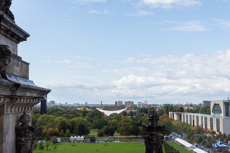 Berlin, Germany- September 28, 2019: panorama of the city of Berlin from the roof of the Bendestag building, famous city buildingsのeditorial素材