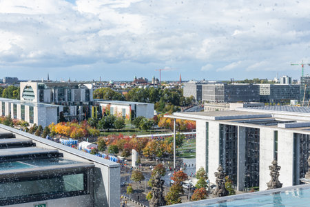Berlin, Germany- September 28, 2019:panorama of the city of Berlin from the roof of the Bendestag building on a rainy day, view of the Paul-Lobe-Haus building , PLH, 47 Berlin Marathonのeditorial素材