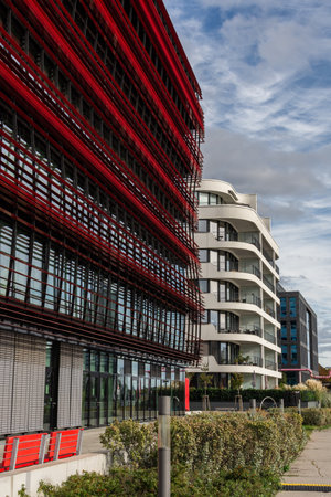 Berlin, Germany- October 6, 2019: modern buildings along the river Spree, river embankment near the Oberbaunum bridgeのeditorial素材