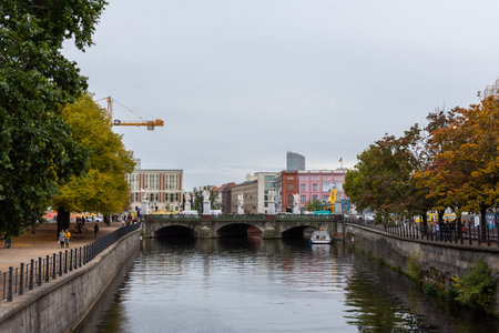 Berlin, Germany- October 9, 2019: view of the City Palace bridge on Museum Island from the Lustgarten park, Schlossbrucke bridgeのeditorial素材