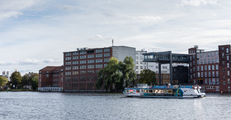Berlin, Germany- October 6, 2019: Spree river and modern buildings near Oberbaunum bridgeのeditorial素材