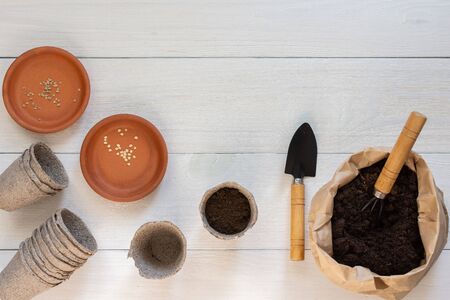Eco friendly pots for seedlings on a white wooden background, planting tomato and pepper seeds, small bag with ground and garden trowel and garden shovelの写真素材