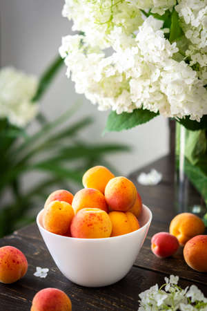 Vase of flowers viburnum opulus Roseum and ripe juicy apricotsの写真素材