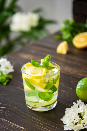 Refreshing drink with lemon, lime and mint, lemonade with iceの写真素材