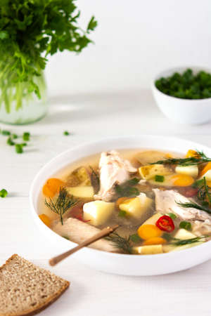 Chicken soup with fresh vegetables, chicken wings broth and young potatoes with onions and carrots, chopped green onions and parsleyの写真素材
