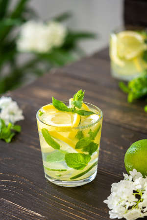 Refreshing drink with lemon, lime and mint, lemonade with iceの写真素材